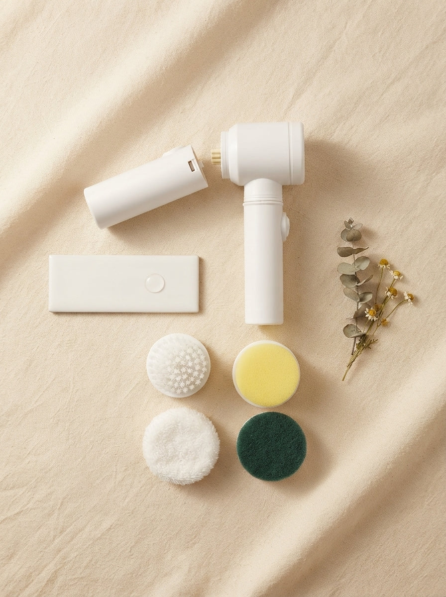 5-in-1 Magic Electric Spin Scrubber displayed on a cream linen surface with soft lighting and minimalist decor.