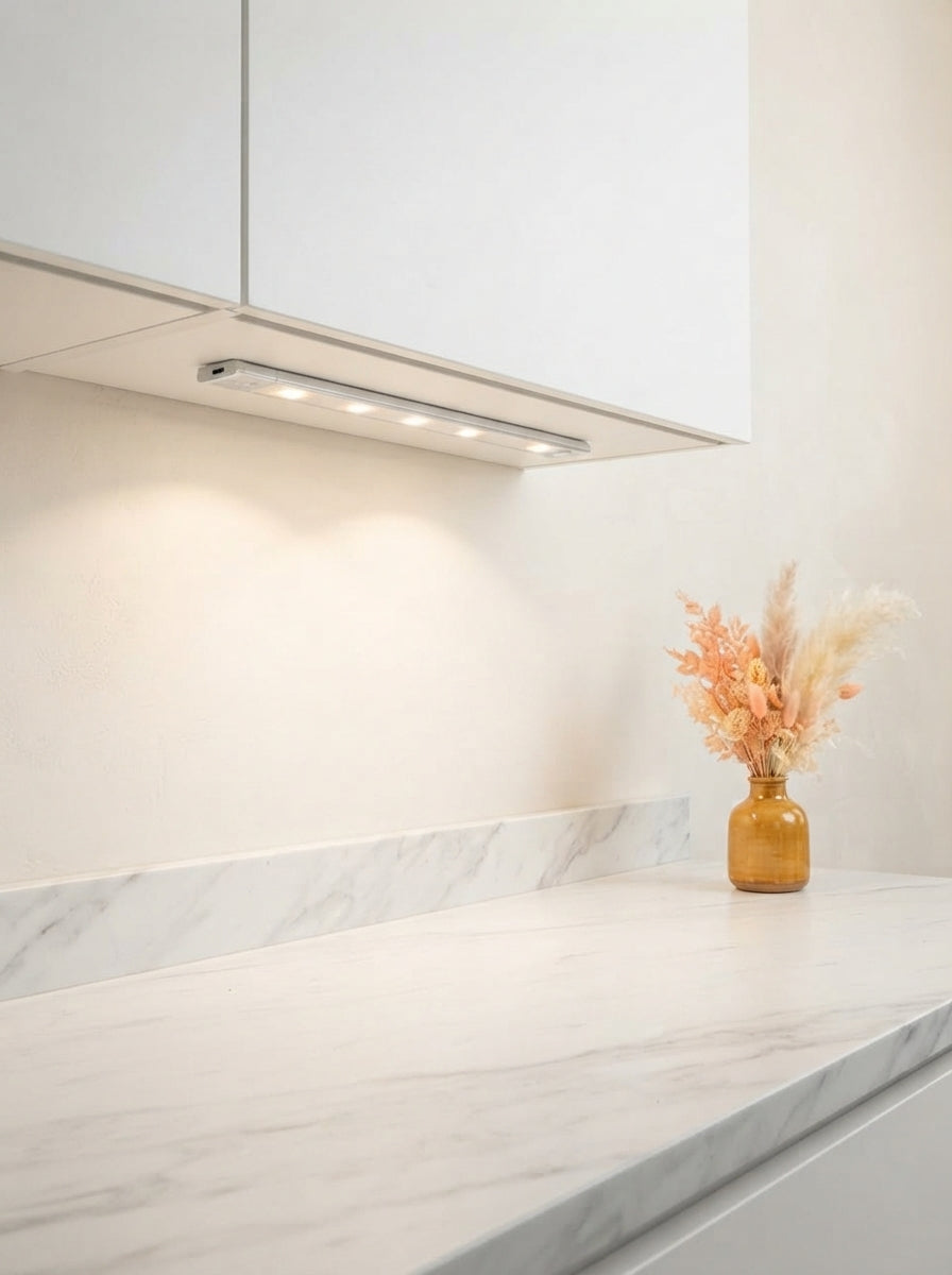 A slim, rechargeable LED light bar installed under a kitchen cabinet illuminating a marble countertop with soft warm light.